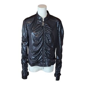 Vintage Y2K Nueva Shiny Black Croc Embossed Ruched Zip Jacket Size 10